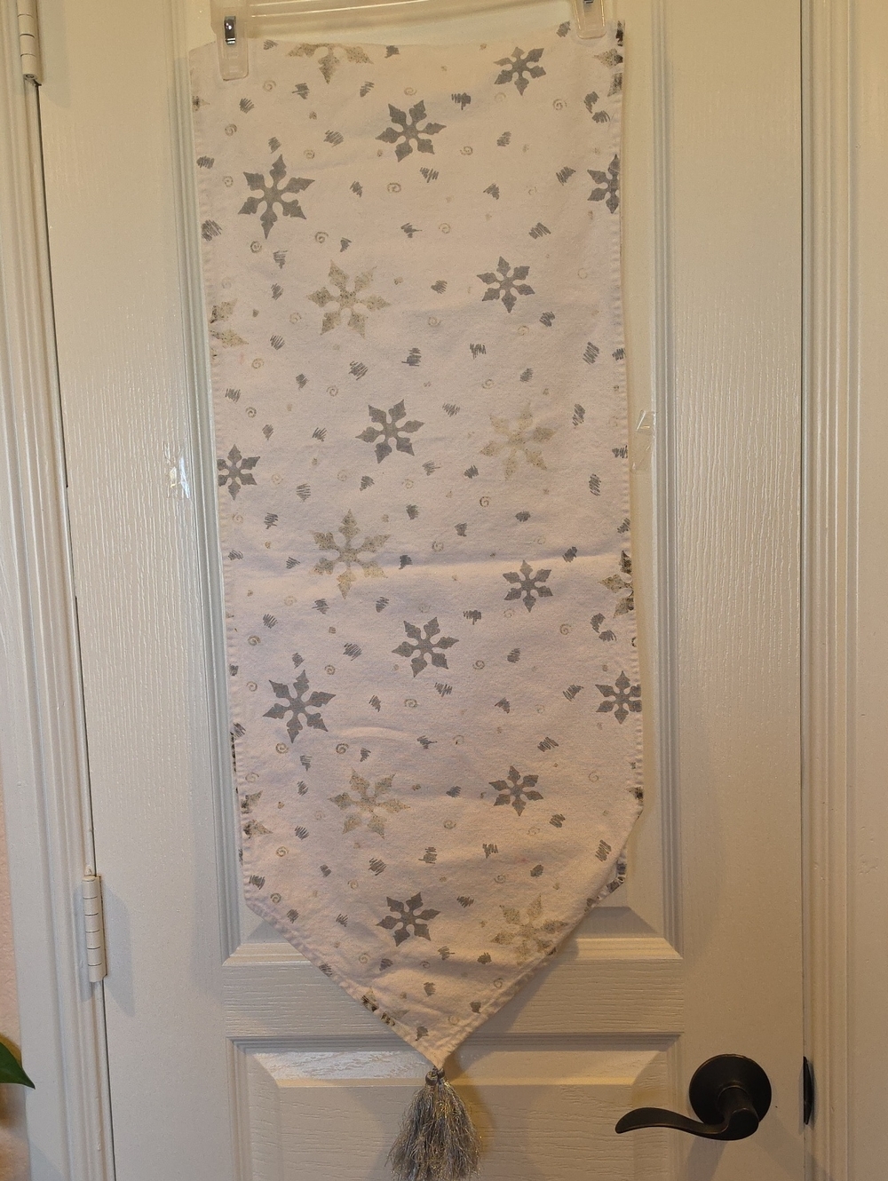 White Holiday Table Runner with Silver and Gray Snowflakes, 66 Inch